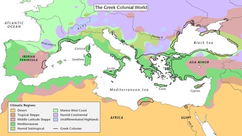 La Grecia e le sue colonie nel VI secolo. Questa mappa dell'antico Mediterraneo mostra le colonie greche e le loro regioni climatiche. Si noti come la maggior parte delle colonie siano rimaste legate ai mari ed erano luoghi con un clima simile a quello della madrepatria. Fonte: pbslearningmedia. Clicca sull'immagine per ingrandire. 