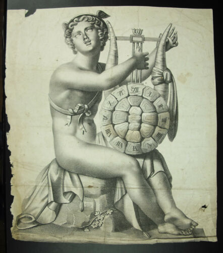 Hermes e la tartaruga, antica stampa francese, 1750 