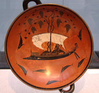 La Coppa di Dioniso, una kylix del VI secolo a.C. J.-C. che rappresenta Dioniso che naviga con i pirati che ha trasformato in delfini