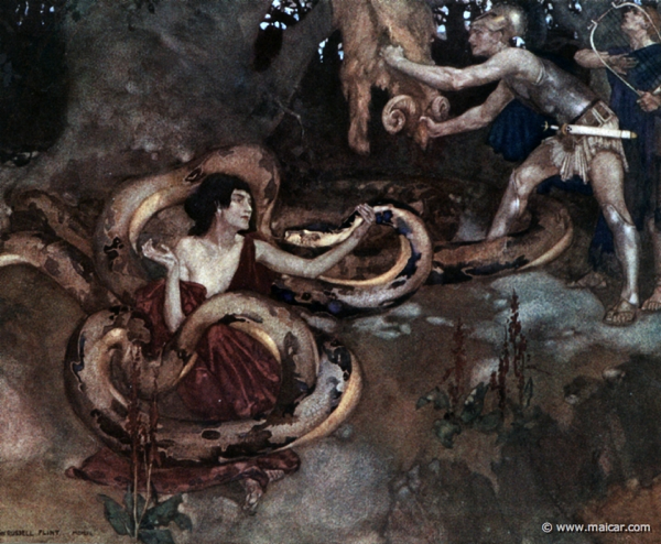 Mentre Medea fa addormentare il Drago, Giasone, seguito da Orfeo, prende il Vello d'Oro. Dipinto di William Russell Flint (1880-1969)