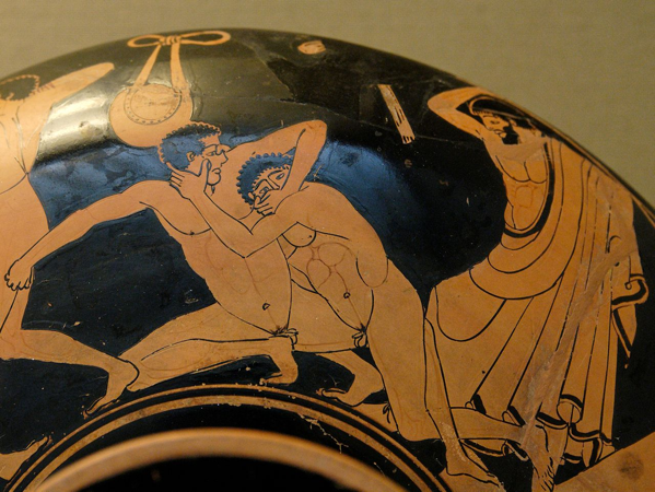 Scena di Pancrazio. Particolare di una kylix attica a figure rosse.