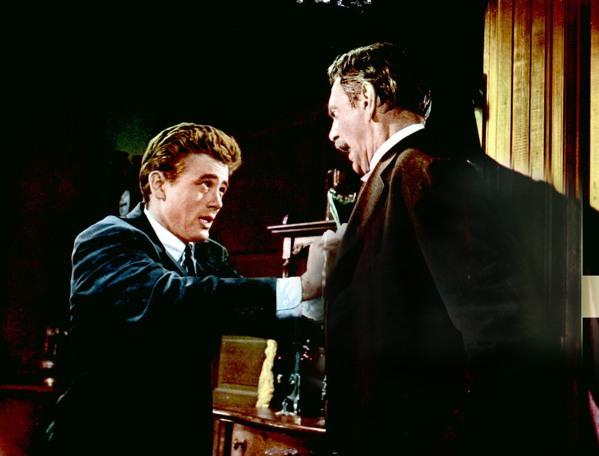 La scena del confronto finale tra padre (Raymond Massey, Adam Trask) e figlio (James Dean: Cal Trask) nel film, La Valle dell'Eden, di Elia Kazan, 1955 