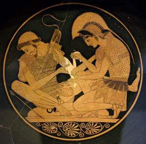 Achille che cura Patroclo. Fondo di una coppa attica. Figure rosse. Circa 500 a.C.