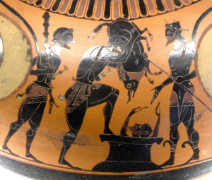 Eracle e il cinghiale di Erimanto. Decorata con figure nere. Intorno al 530 a.C.