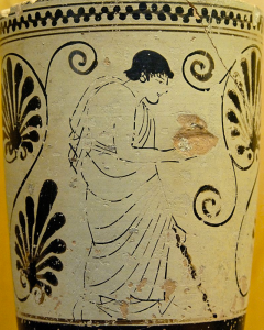Giovane uomo che porta offerte. Decorato su sfondo bianco. Circa 500 a.C.
