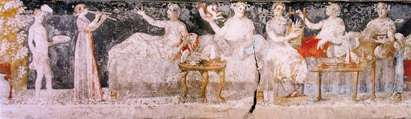 Il banchetto, tomba di Ágios Athanásios (vicino a Tessalonica). 325-300. Pittura murale, H. 35 cm. L. 3,80 m.