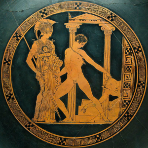 Teseo che uccide il Minotauro. Fondo di una ciotola. Decorato con figure rosse. 430 a.C. circa