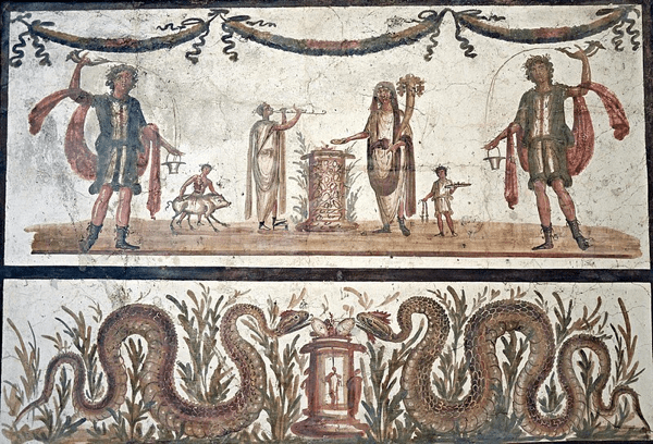 Affresco raffigurante due lari che versano il vino da un corno potabile (rhyton) in un secchio (situla), Museo Archeologico di Napoli