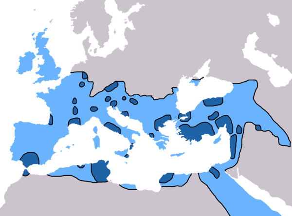 La diffusione del cristianesimo in Europa nel 325 d.C. (blu scuro) e nel 600 d.C. (azzurro).